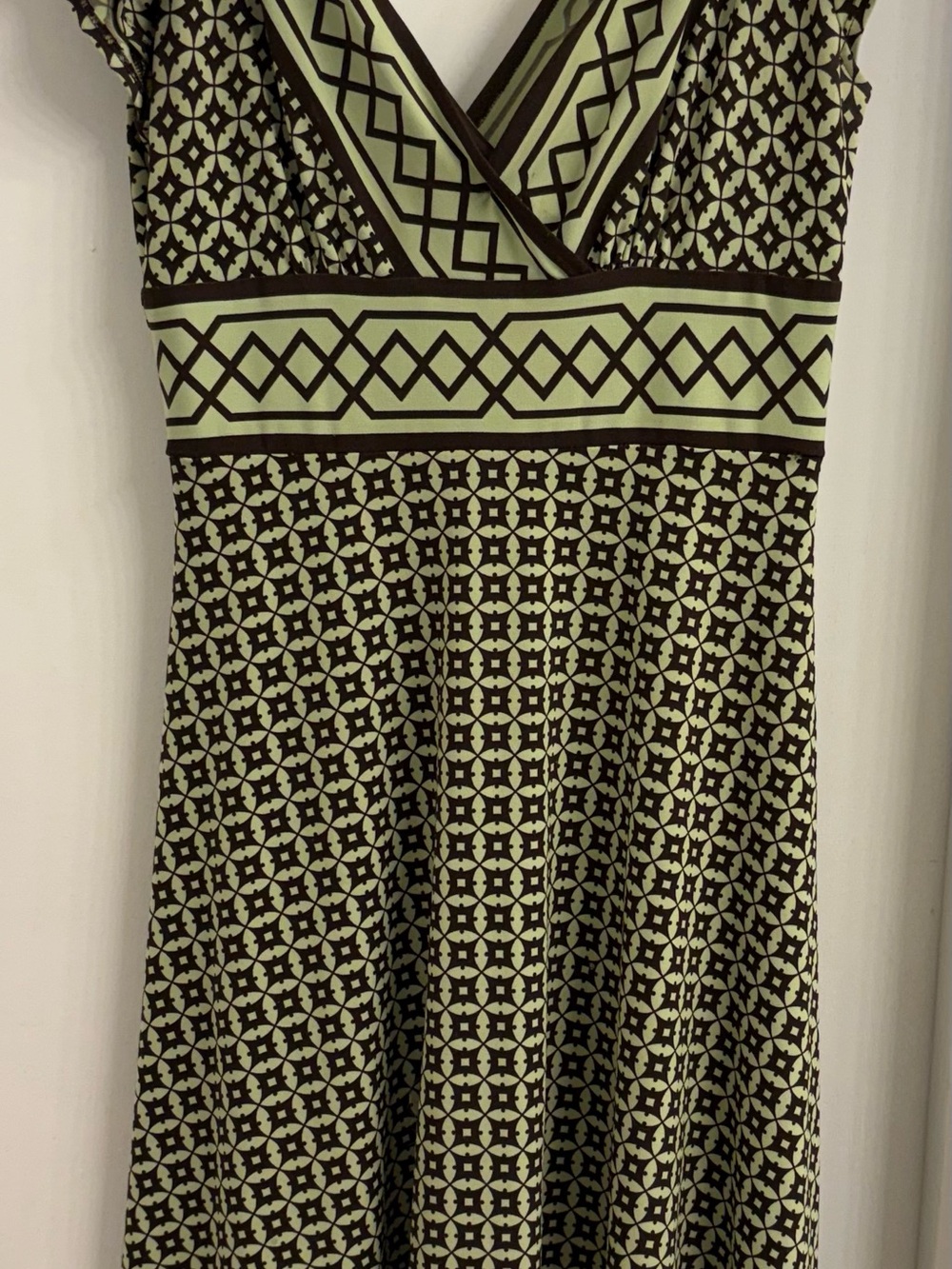 Geometric Faux Wrap Fit & Flare Dress | Olive Green & Brown | Women’s S